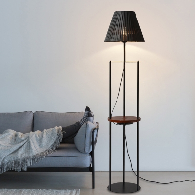 Black Cone Reading Floor Light Contemporary 1 Bulb Pleated Fabric Stand Up Lamp with Tray and USB Charging Port
