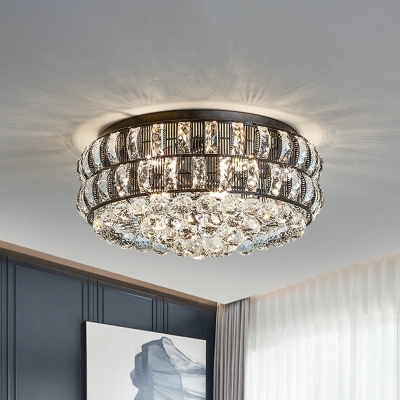 Black Drum Shaped Flush Mount Light Modernism Crystal 7 Bulbs Bedroom Ceiling Fixture
