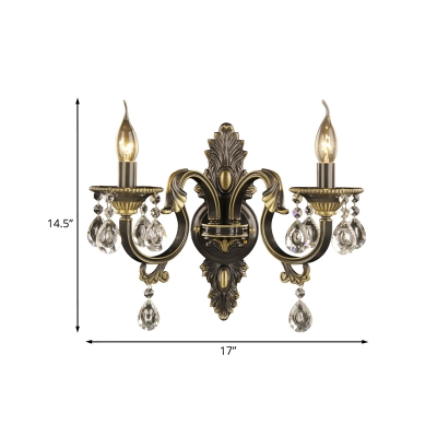 Black-Gold Candlestick Wall Sconce Rural Metal 2 Bulbs Living Room Wall Mount Lamp with Crystal Drops