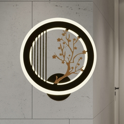Black Plum/Bamboo Mural Light Fixture Asia Acrylic LED Circle Wall Mounted Lamp for Hotel Decoration