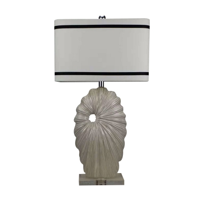 Black-White Rectangle Table Lamp Coastal Fabric 1 Bulb Living Room Night Light with Shell Pedestal