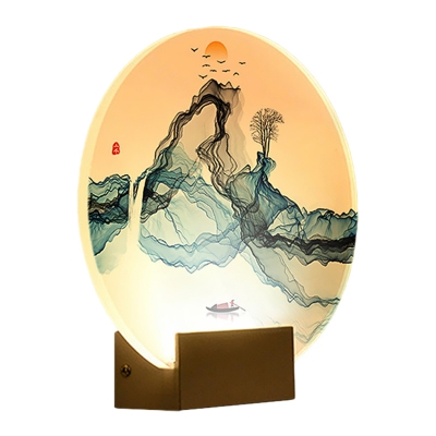 Blue Mountain-River Line Art Mural Light Chinese Acrylic LED Wall Mounted Lamp for Guest Room