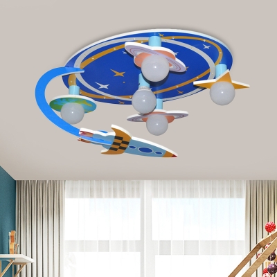 Blue Outer Space Semi Flush Ceiling Light Kids 5-Bulb Wood Flush Mount Lighting Fixture