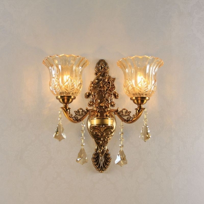 Brass 2-Light Wall Light Fixture Rustic Ribbed Glass Bell Shade Wall Sconce Lighting for Living Room