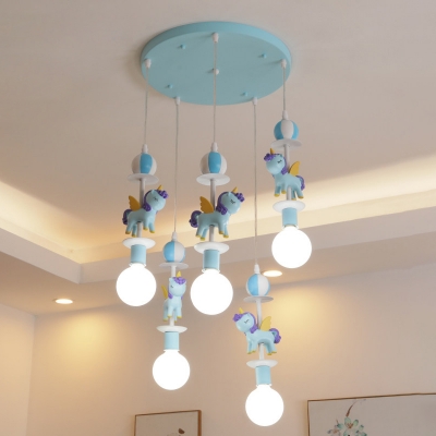 Cartoon Unicorn Cluster Pendant Resin 5 Lights Kids Bedroom Hanging Lamp with Exposed Bulb Design in Pink/Blue