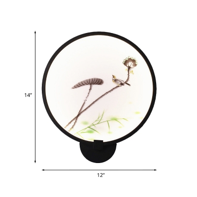 Chinese Style LED Wall Mount Mural Light Black Spring Rural Landscape/Lotus Lake Painting Sconce with Acrylic Shade