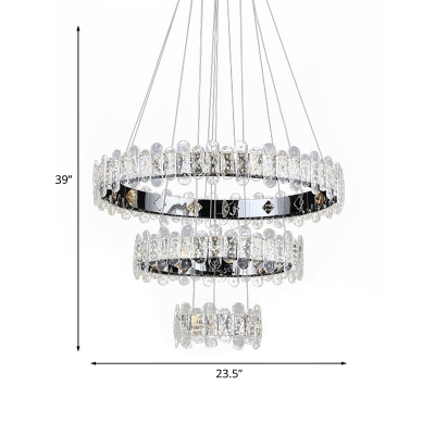 Chrome 3 Layers Ring Pendant Chandelier Modernist LED Crystal Hanging Ceiling Light