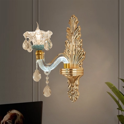 Clear Carved Glass Gold Sconce Ruffle-Trimmed Flared 1 Head Traditional Wall Mount Light Fixture for Living Room