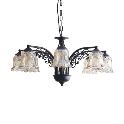Clear Glass Floral Shade Down Lighting Retro Style 6/8 Bulbs Living Room Chandelier in Black