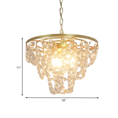 Conic Crystal Strand Suspension Light Modernism 3 Bulbs Gold Finish Hanging Chandelier