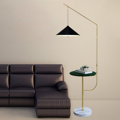 Dangling Cone Shade Iron Floor Lamp Postmodern 1 Bulb Black Standing Light with Table and Extendable Arm