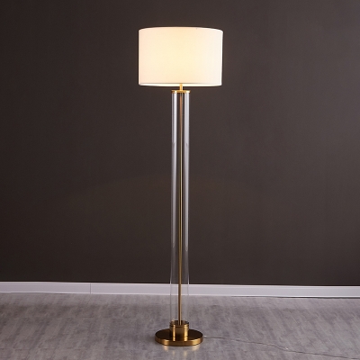 Gold Tube Standing Floor Lamp Modernist 1 Head Clear Glass Floor Light with Drum Flaxen/Beige Fabric Shade