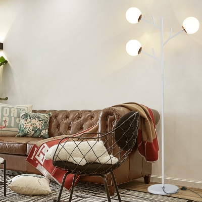 Iron Branch Standing Floor Light Modernist 3 Bulbs White/Black Floor Lamp with Modo Cream Glass Shade