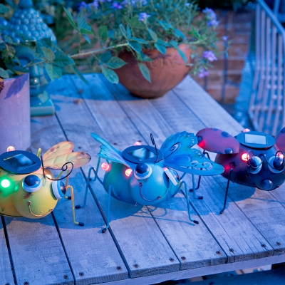 Kids Style LED Solar Pathway Light Black Beetle/Yellow Honeybee/Blue Butterfly Ground Light Set with Resin Shade