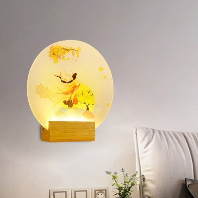 LED Bedroom Wall Mounted Light Fixture Asia Wood Beauty Mural Lamp with Round Acrylic Shade