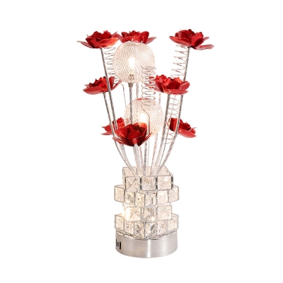LED Table Lighting Art Deco Flower Aluminum Wire Desk Lamp with Stacked Square Vase in Red/Purple