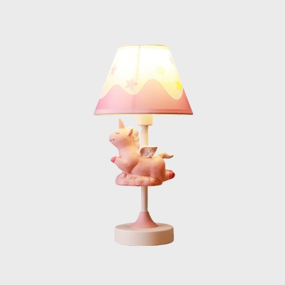 Melting Patterned Cone Shade Night Light Cartoon Fabric 1 Bulb Bedside Table Lamp with Unicorn Decor in Pink/Blue/Yellow