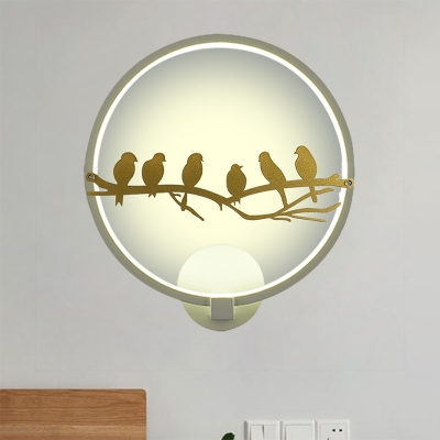 Metal Birds and Ring Wall Light Asian LED Wall Mounted Lamp in White/Black for Living Room