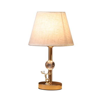 Minimalist Tapered Shade Table Light 1-Bulb Fabric Nightstand Lamp with Crystal Orb and Elk Decor in Gold