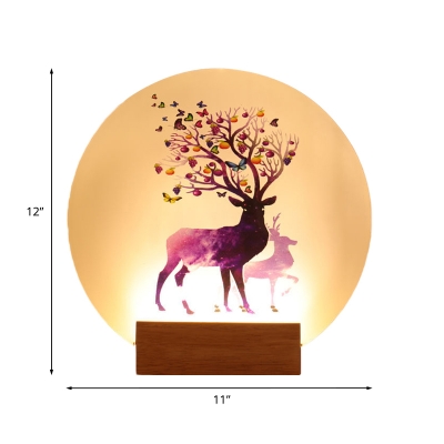 Moon-Shaped Acrylic Wall Lighting Nordic Wood LED Wall Mural Lamp with Deer Pattern