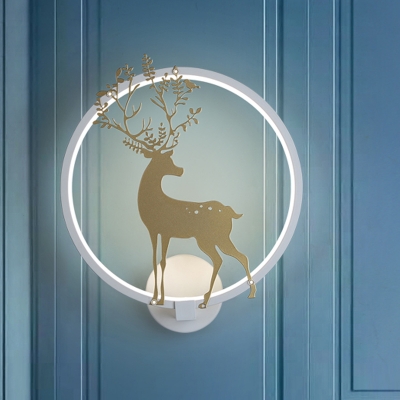 Nordic Sika Deer Silhouette Wall Lighting Iron Living Room LED Mural Lamp with White Halo Ring