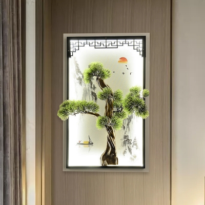 Pine Tree Resin Flush Mount Wall Sconce Chinese Green LED Wall Mounted Mural Lamp for Tearoom