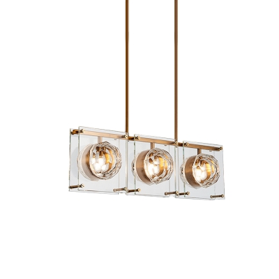 Rectangle Clear Crystal Glass Island Light Modernism 3/4 Heads Gold Finish Pendant Lamp Kit