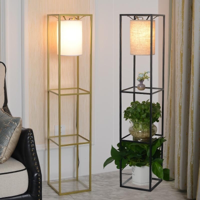 Rectangle Frame Floor Lighting Minimalist Metal 1-Bulb Black/Gold Finish Floor Lamp with Cylinder Fabric Shade