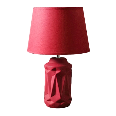 Red Finish 1-Bulb Nightstand Light Traditional Fabric Barrel Shade Ceramics Table Lamp