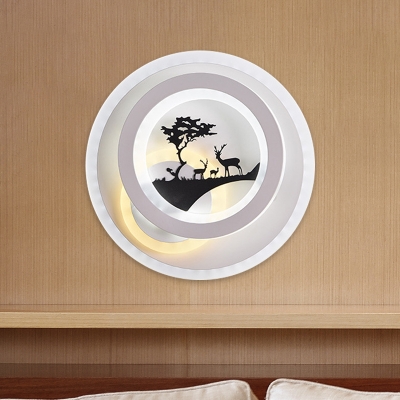 Round Sconce Light Fixture Minimalist Acrylic LED White-Black Wall Mounted Lamp with Tree Pattern