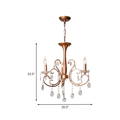 Scroll Restaurant Hanging Pendant Farmhouse Metal 3 Lights Copper Chandelier Lamp Fixture with Crystal Droplet