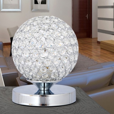 Single Bedroom Night Table Light Minimal Chrome Finish Small Desk Lamp with Globe Crystal-Encrusted Shade