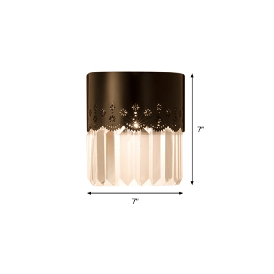 Single Crystal Prism Wall Mount Light Simple Black Half-Cylinder Bedroom Flush Wall Sconce with Etched Flower Detail