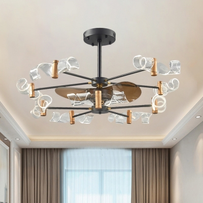 Swirl Acrylic Ceiling Fan Light Modernist 10 Lights Black Semi Flush Mounted Lamp with 3 Brown Blades, 39