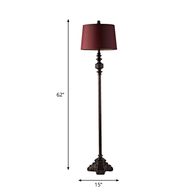 Traditional Drum Shade Standing Floor Light 1 Head Fabric Floor Lamp in Red for Parlour