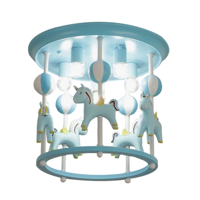 Unicorn Flush Light Fixture with Carrousel Design Cartoon Resin 6 Bulbs Blue/Pink Flush Mount