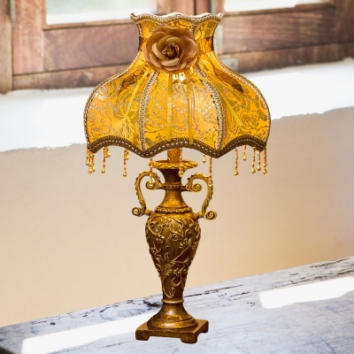 Victorian Dress Night Stand Light 1 Bulb Embroidered Fabric Table Lamp in Gold with Rose Decor