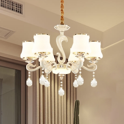 White Frosted Glass Urn Pendant Chandelier 6 Lights Hanging Lamp Kit with Crystal Droplet