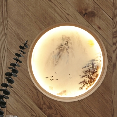 White Round LED Wall Light Chinese Style Metal Mural Lamp with Halcyon-in-Misty Mountain Pattern