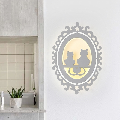 White Scroll Frame Flush Wall Sconce Nordic Acrylic LED Mural Light Fixture with Cat Silhouette