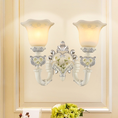 1/2-Head Milk Glass Wall Light Traditional White Finish Flower Shade Living Room Wall Sconce