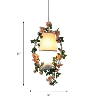 1 Bulb Hanging Light Kit Countryside Barrel Fabric Pendulum Lamp with Bird and Garland Deco in White