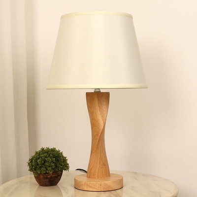 1 Bulb Night Lamp Lodge Living Room Table Light with Twisted Wood Base and Tapered Fabric Shade in Grey/Beige/Flaxen