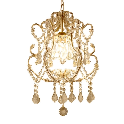 1 Bulb Pendulum Light Traditional Scroll Arm Crystal Beads Hanging Ceiling Lamp in Gold