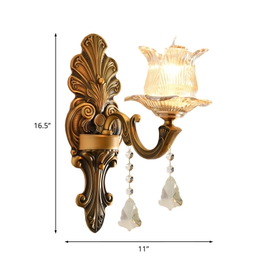 1 Bulb Wall Mounted Lamp with Flower Shade Clear Ribbed Glass Traditional Indoor Wall Light in Brass