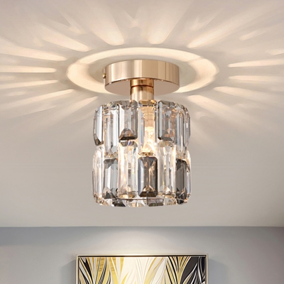 

1 Light Corridor Semi-Flush Ceiling Light Simple Gold Flush Lamp Fixture with Cylinder Clear/Smoke Gray Crystal Shade, HL650145