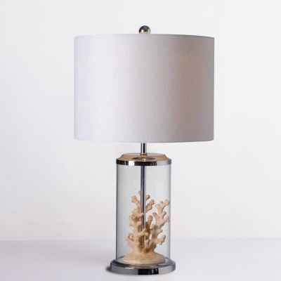 1-Light Cylindrical Table Lighting Countryside White Fabric Night Stand Lamp with Coral Decor