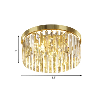 2-Layer Drum Living Room Flushmount Modern Prismatic Crystal 6 Lights Brass Ceiling Lamp