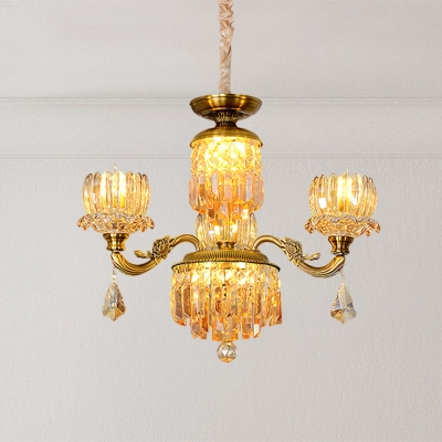 3 Bulbs Lotus Up Chandelier Traditional Brass Finish Crystal Prism Hanging Pendant Light for Dining Room