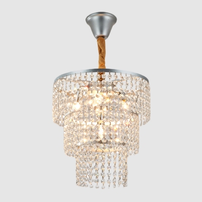 3-Tier Round Pendulum Light Modernism Crystal Bead 4 Bulbs Bedroom Chandelier Lamp in Silver